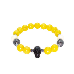 Sunny Yellow Jade Wristband with Horn Skull and Ox Bone in Rhodium | 10MM - CLUB EQUILIBRIUM