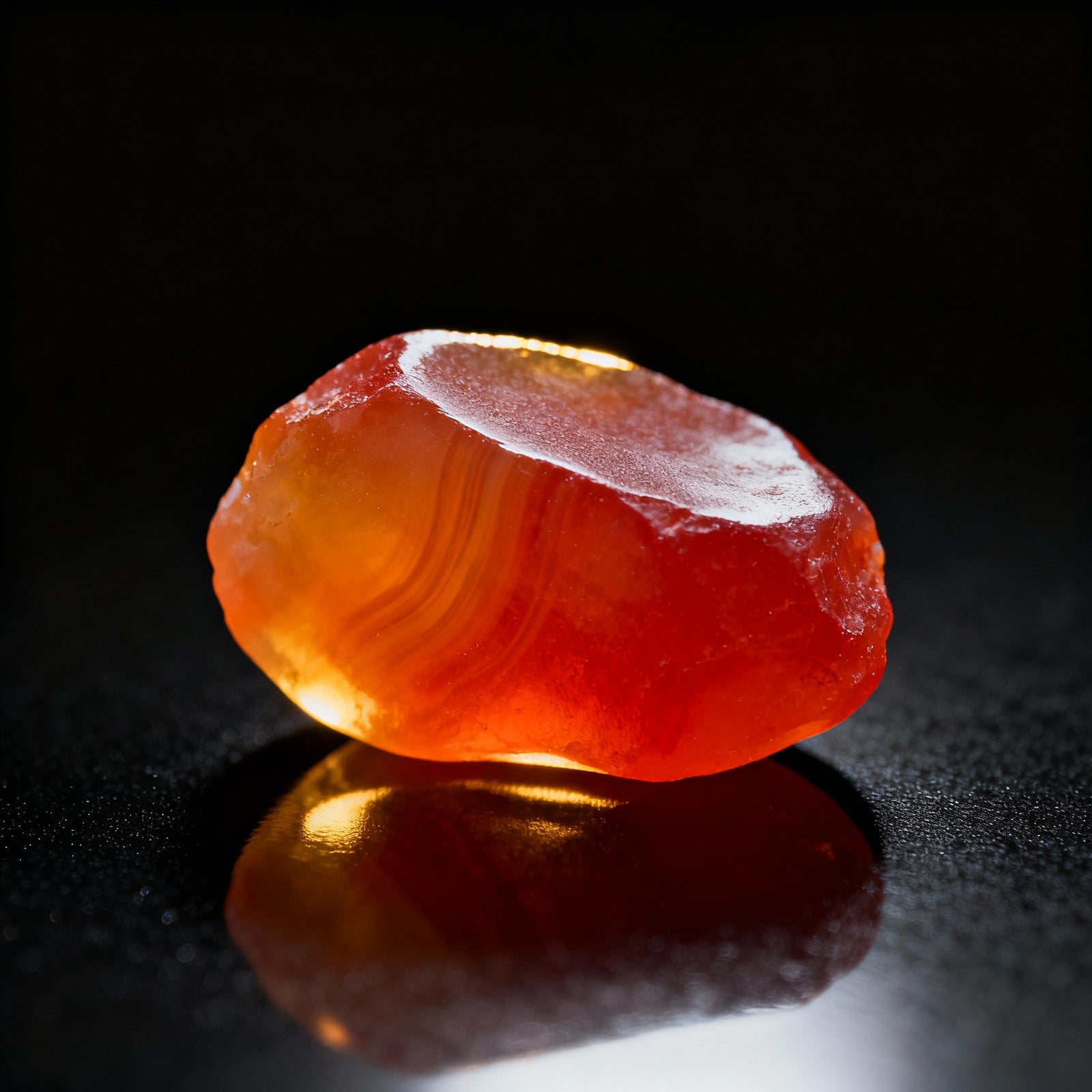 raw carnelian gemstone with orange and red translucent layers on black reflective surface