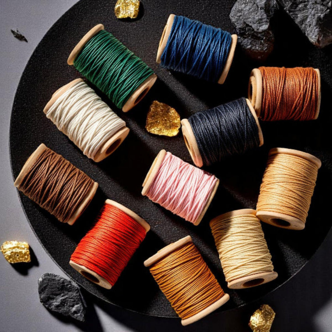 Colorful waxed cords on wooden spools with black stones and gold accents – bracelet customization options for handmade jewelry