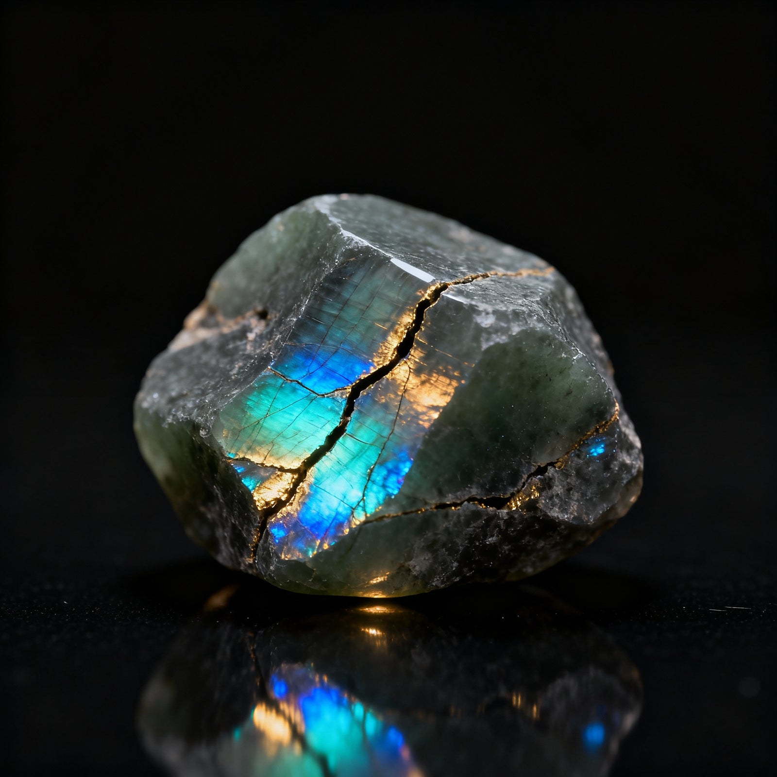 raw labradorite gemstone with blue and gold iridescent flashes on dark reflective background
