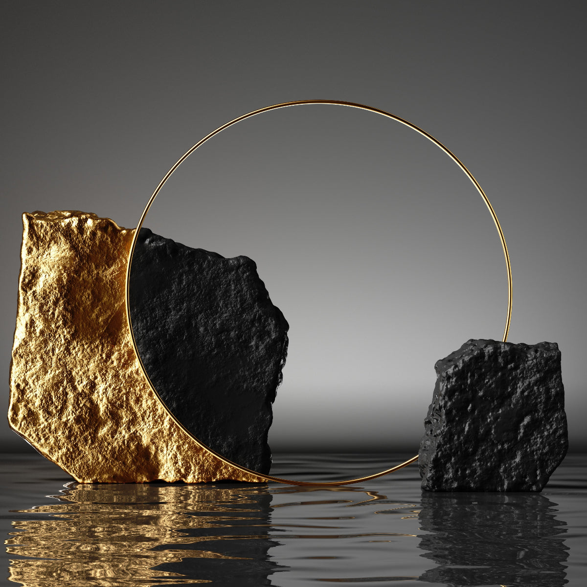 Gold and black stone sculpture with circular frame over reflective water – symbol of balance, strength, and luxury design