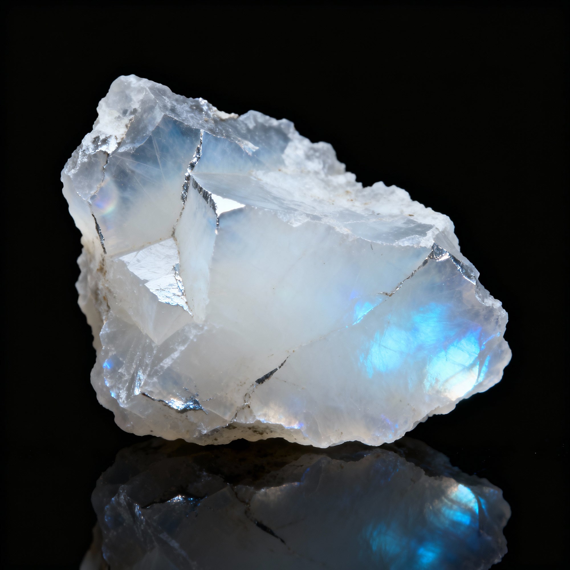 raw white moonstone crystal with blue iridescent glow on black reflective background
