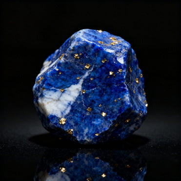 raw lapis lazuli stone with deep blue color white veins and golden pyrite flecks on dark reflective surface
