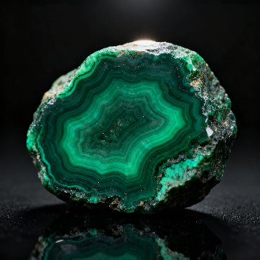 raw malachite stone with vivid green concentric bands on black reflective background
