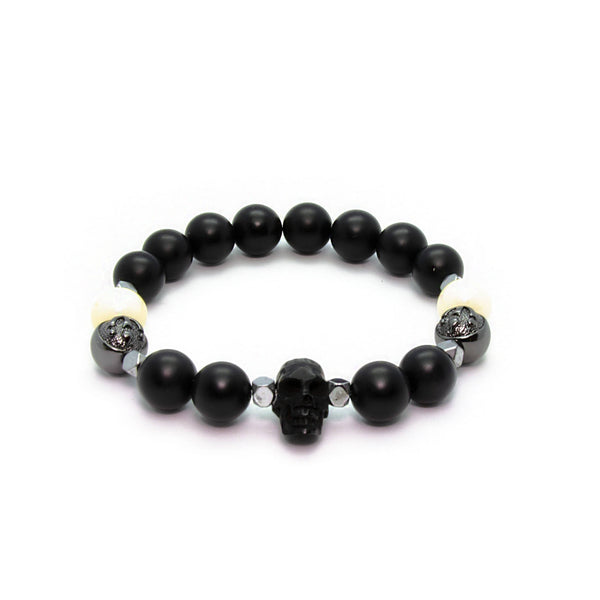 Stylish Black Onyx Bracelet with Horn Skull, Ox Bone and Hematite in Rhodium | 10MM - CLUB EQUILIBRIUM