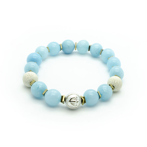 Gorgeous Blue Jade Bracelet With Frosted Silver Beads and Trident  | 10MM - CLUB EQUILIBRIUM