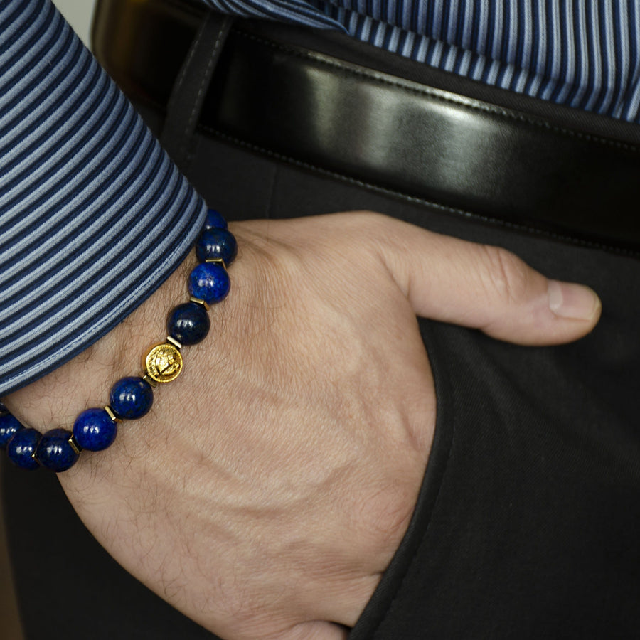 Blue Gold - Premium Blue Lapis Lazuli Stone Bead Bracelet in Gold | 10MM - CLUB EQUILIBRIUM