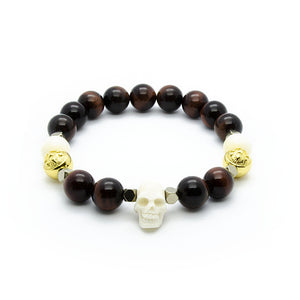 Red Tiger Eye Wristband Bracelet with Ox Bone Skull, Hematite and Gold | 10MM - CLUB EQUILIBRIUM