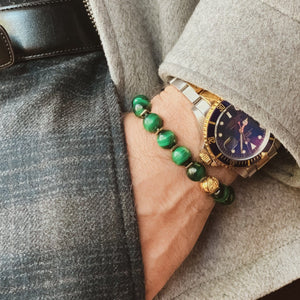 Premium Stretch Green Malachite Stone Bead Bracelet in Gold | 10MM - CLUB EQUILIBRIUM