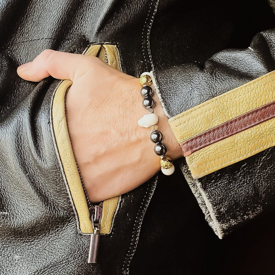 Lavish Black Hematite and Ox Bone Stretch Stone Bead Bracelet in Gold | 10MM - CLUB EQUILIBRIUM