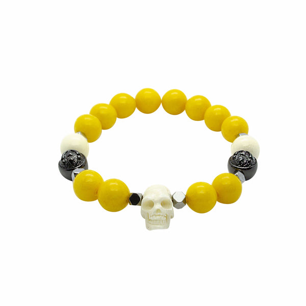 Sunny Yellow Jade Wristband with Horn Skull and Ox Bone in Rhodium | 10MM - CLUB EQUILIBRIUM