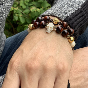 Red Tiger Eye Wristband Bracelet with Ox Bone Skull, Hematite and Gold | 10MM - CLUB EQUILIBRIUM