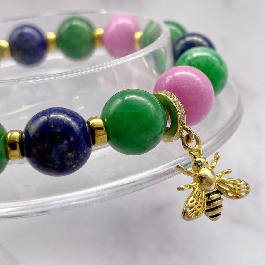 Summer Vibes | Signature Gold Bee Charm | Green Jade - Pink Jade - Blue Lapis Lazuli in Gold | 10MM - CLUB EQUILIBRIUM