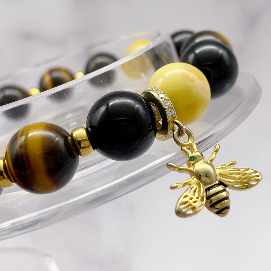 Lucky Bee | Signature Amber-Black Onyx-Yellow Tiger Eye Bracelet with Golden Bee Charm | 10MM - CLUB EQUILIBRIUM