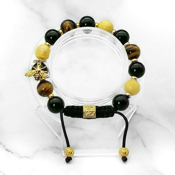 Lucky Bee | Signature Amber-Black Onyx-Yellow Tiger Eye Bracelet with Golden Bee Charm | 10MM - CLUB EQUILIBRIUM