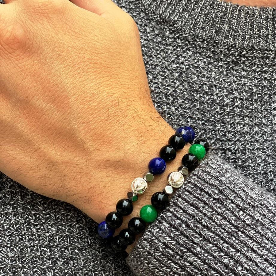 Black Onyx Wristband With Green Jade, Hematite and Solid Silver | 8MM - CLUB EQUILIBRIUM