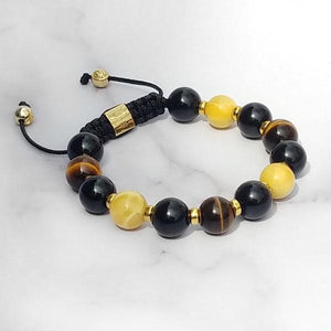 Gold of the Sea  | Amber - Black Onyx - Yellow Tiger Eye Bracelet in Gold/Silver | 10MM - CLUB EQUILIBRIUM